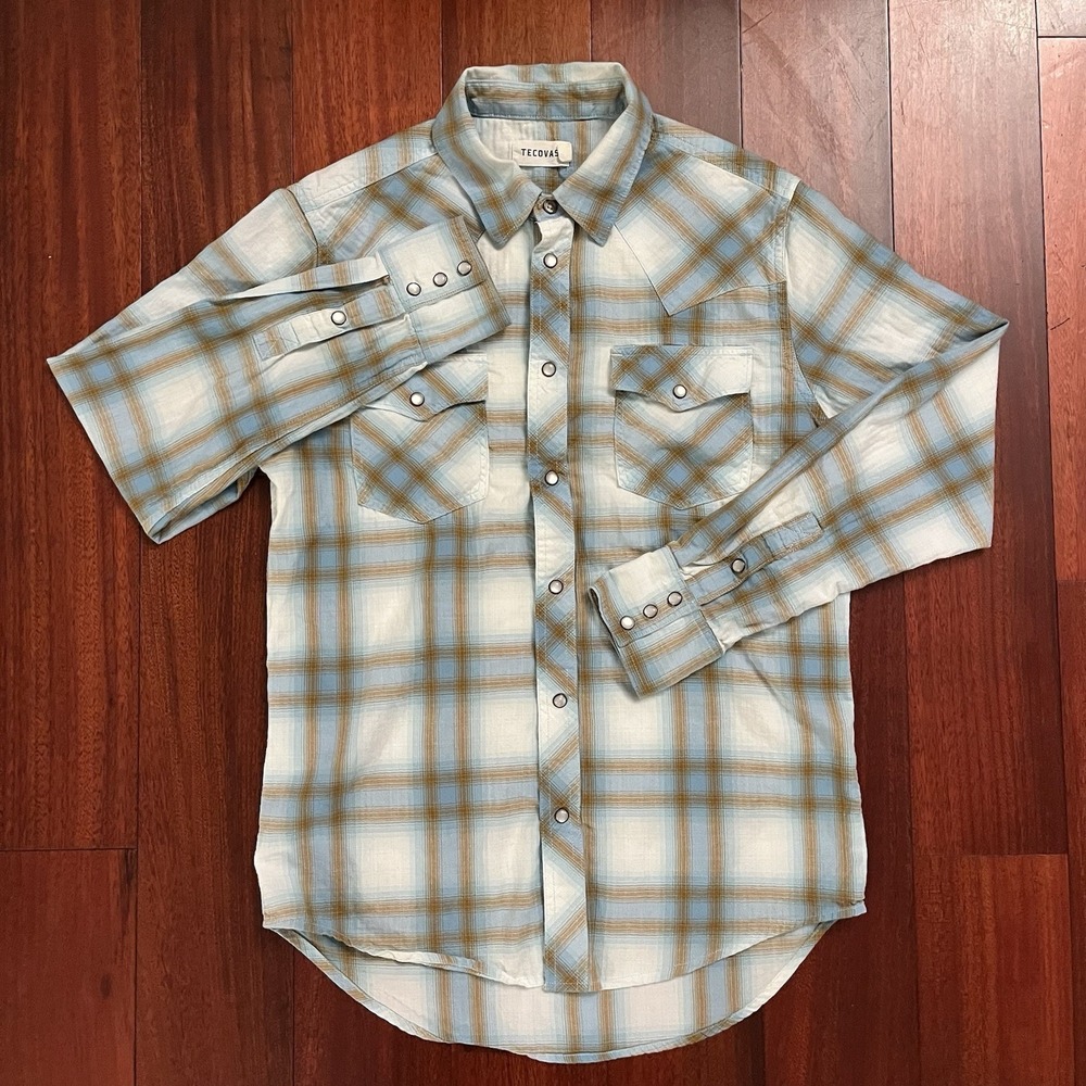 Tecovas Shirt Mens Small Pearl Snap Button Up Long Sleeve Blue Plaid Western